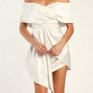Ivory Satin Off the Shoulder Mini Dress
